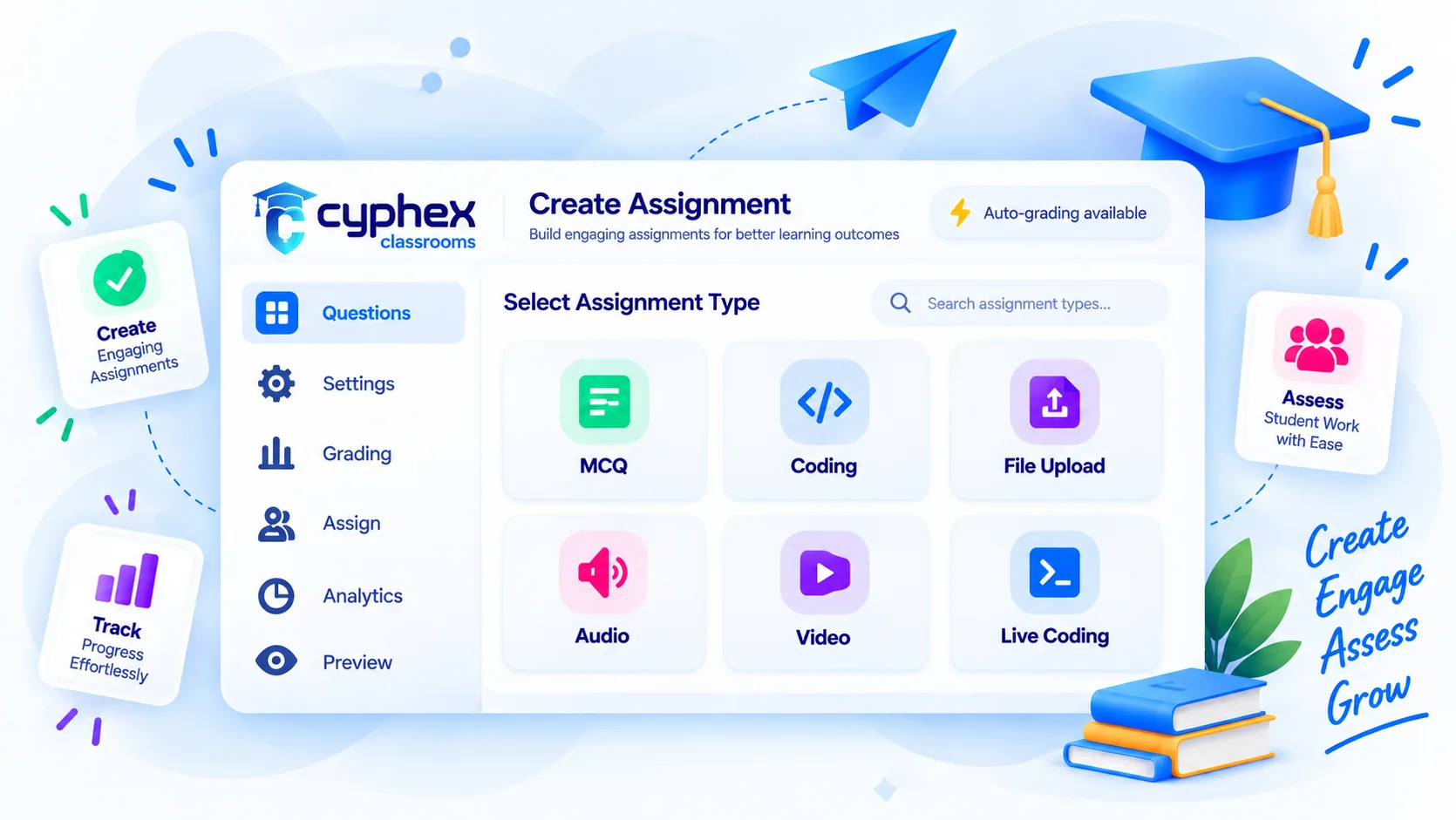 Create Assignment screen showing MCQ, Coding, File Upload, Audio, Video and Live Coding assignment types
