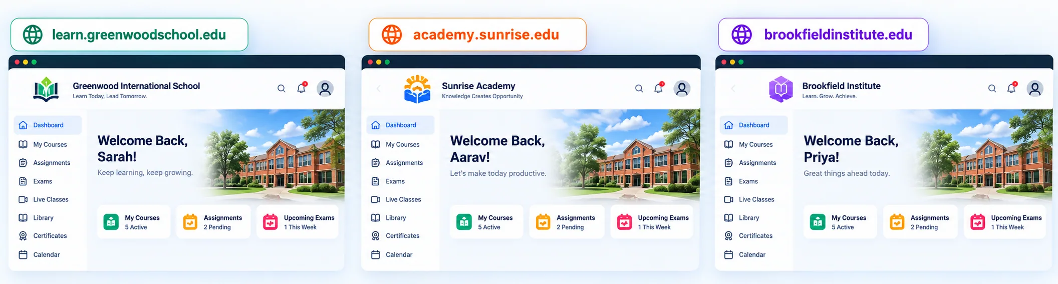 Three differently-branded institution dashboards side by side: Greenwood International School, Sunrise Academy, and Brookfield Institute, each with their own logo, colors, and subdomain
