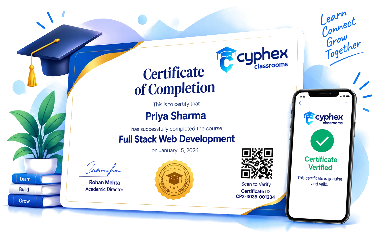 Certificate of completion with a QR code beside a phone showing a certificate verified confirmation