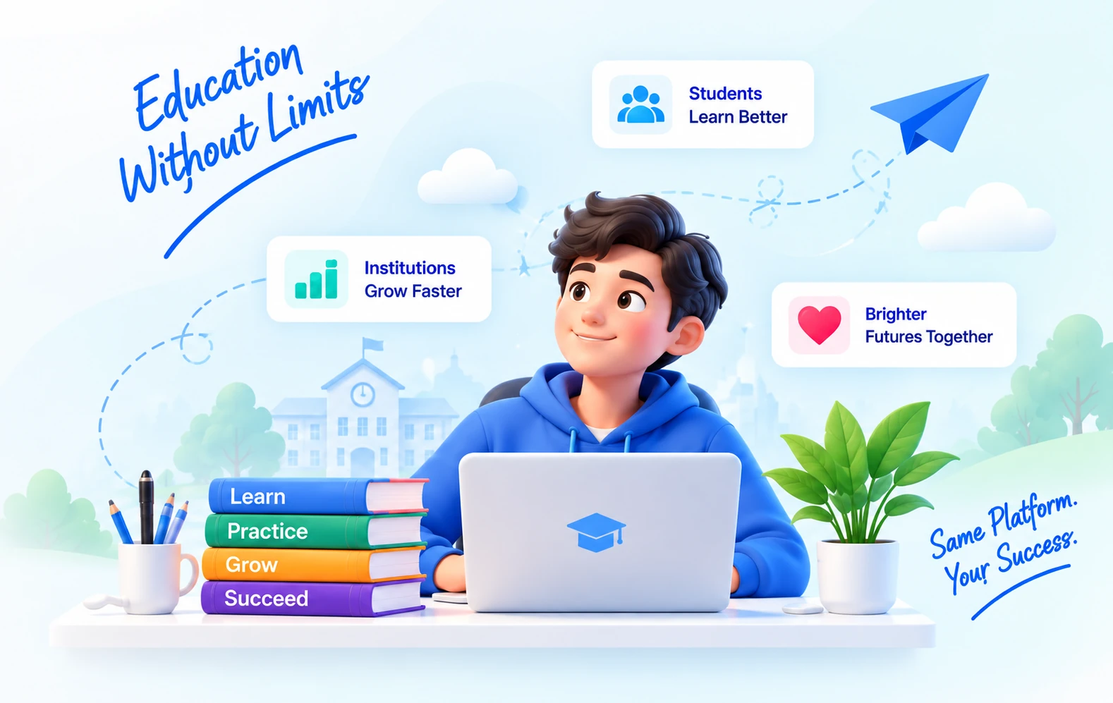 A student at a laptop beside floating cards reading Students Learn Better, Institutions Grow Faster and Brighter Futures Together, with the handwritten notes Education Without Limits and Same Platform. Your Success.