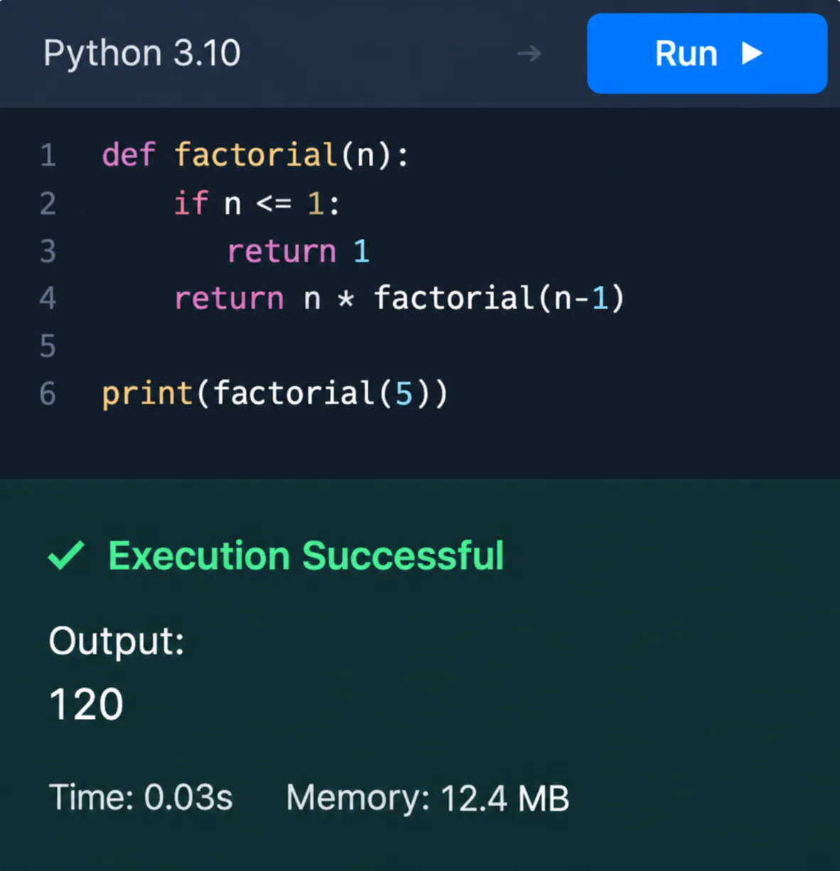 Python code editor running a factorial function, showing successful execution with output 120