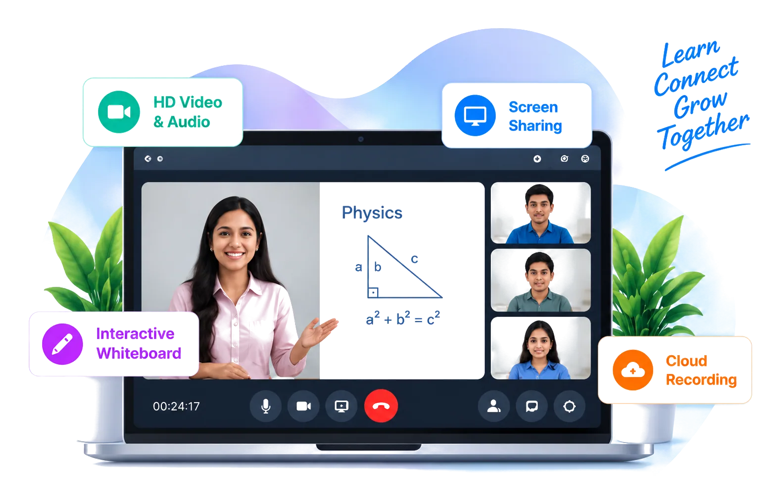 Live class in session on a laptop with HD video, screen sharing, an interactive whiteboard, and cloud recording