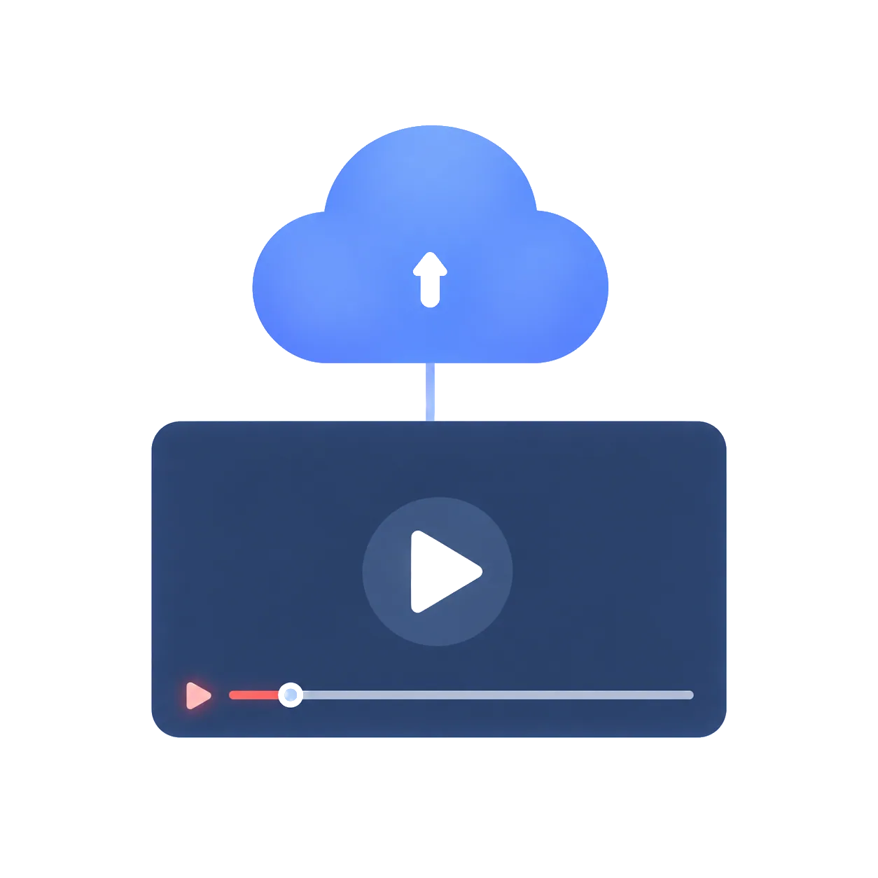 Cloud upload icon connected to a video player with a play button, representing automatic class recording