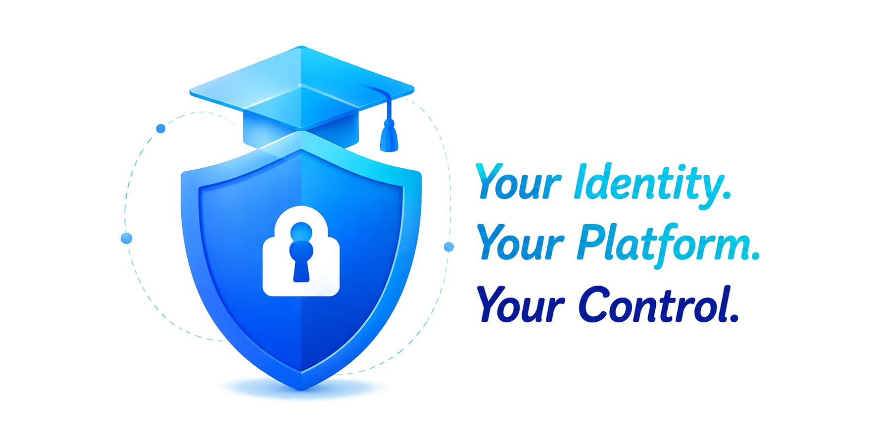 Shield with a graduation cap and lock, representing identity, platform, and control.