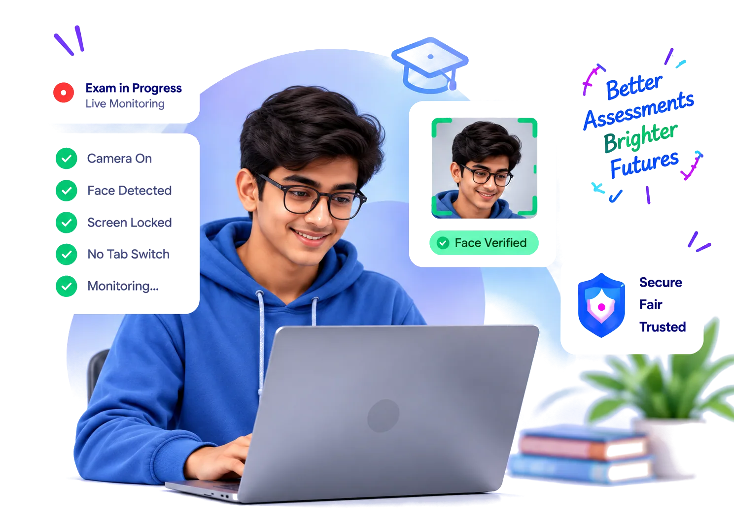 Student taking a proctored exam with live face verification and monitoring