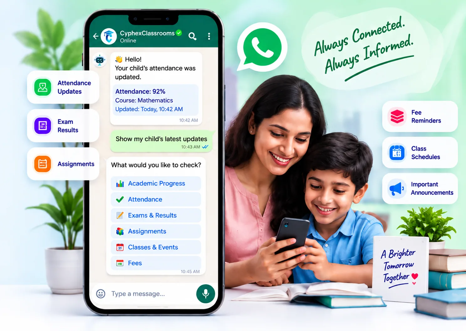 Mother and child looking at a WhatsApp conversation with CyphexClassrooms showing attendance updates, exam results, and assignments, with floating cards for Fee Reminders, Class Schedules, and Important Announcements
