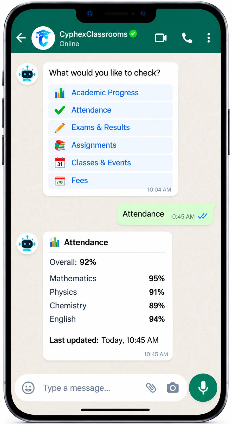 WhatsApp conversation showing a menu of options and an attendance report with subject-wise percentages